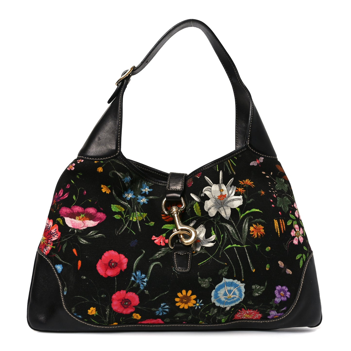 Canvas Floral Flora Medium Jackie O Bouvier Hobo Black