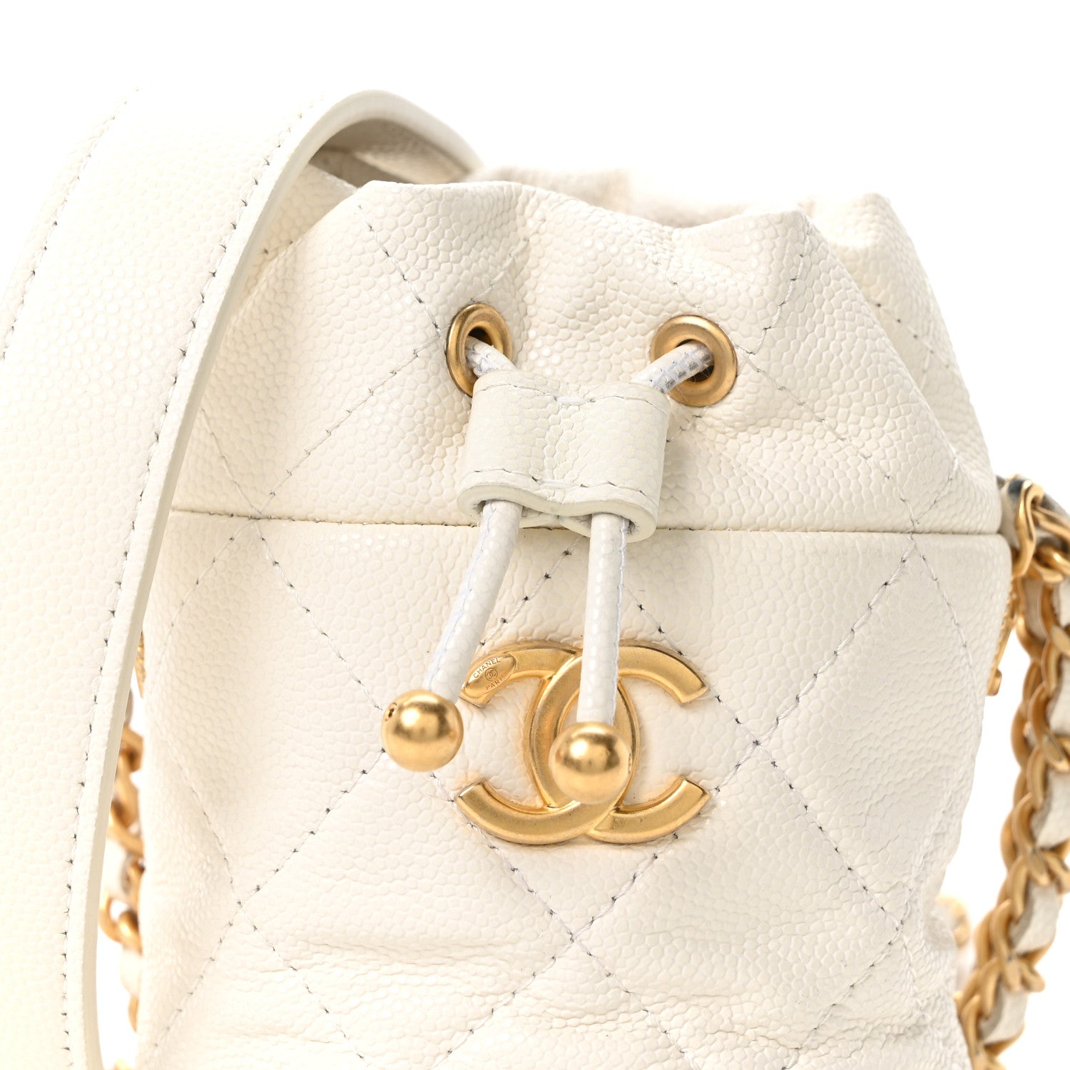 Chanel Caviar Quilted Twist Your Buttons Mini Bucket Bag White 8 of 10