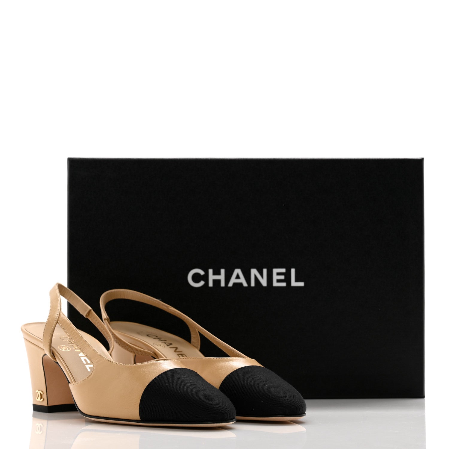 Chanel Goatskin Grosgrain Cap Toe CC Slingback Pumps 35 Beige Black 11 of 11