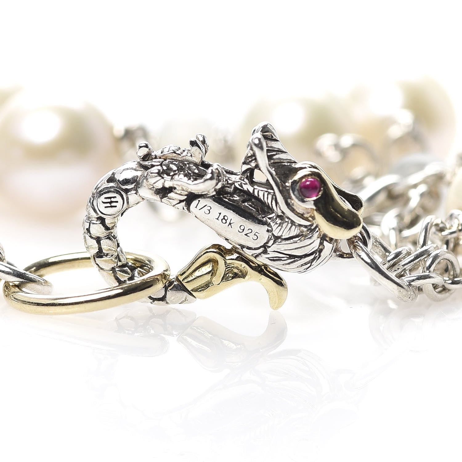 John Hardy Sterling Silver 18k Yellow Gold Pearl Moonstone Ruby Naga Dragon Three Strand Bracelet 5 of 5