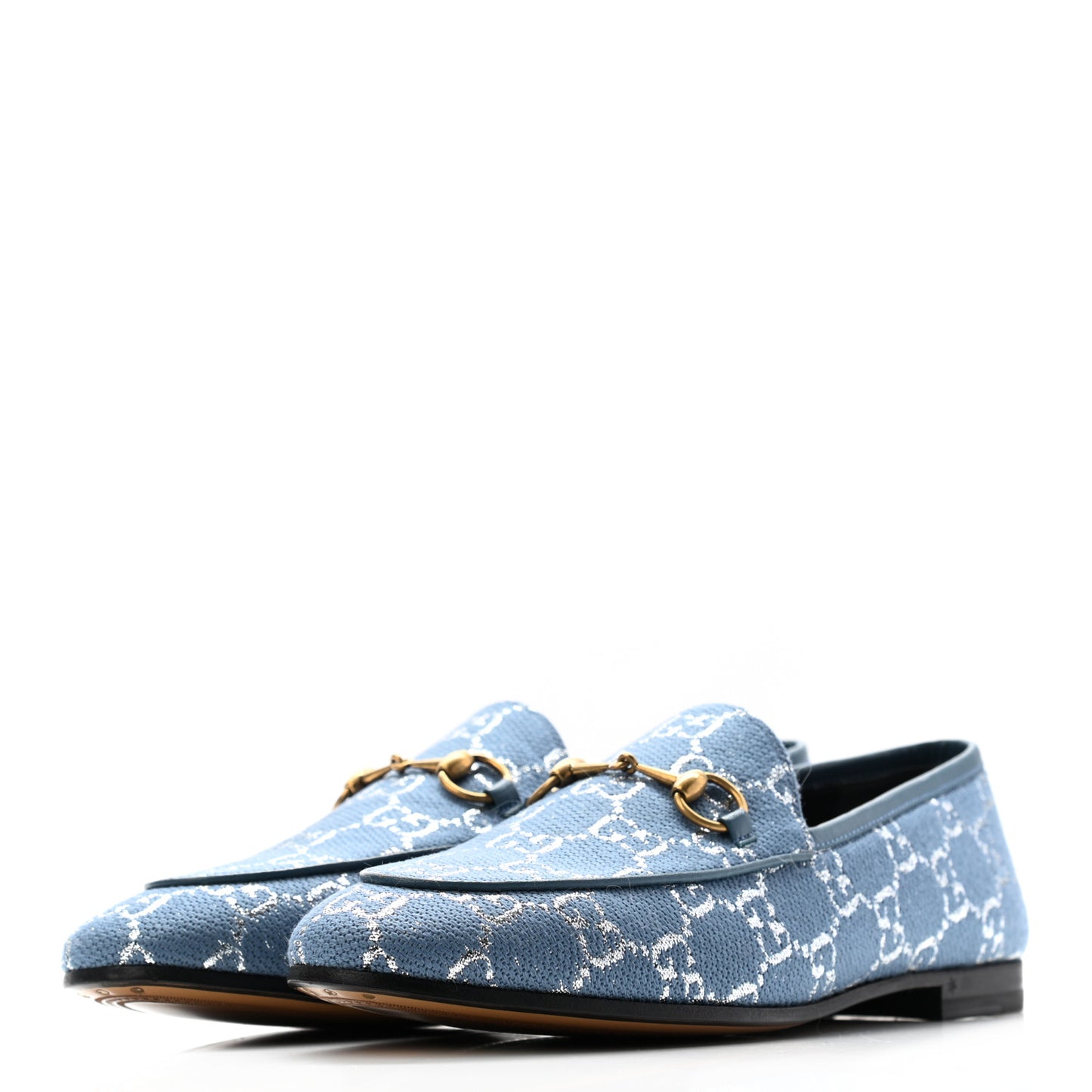 Canvas Lame GG Monogram Horsebit Womens Jordaan Loafers 38 Blue Silver