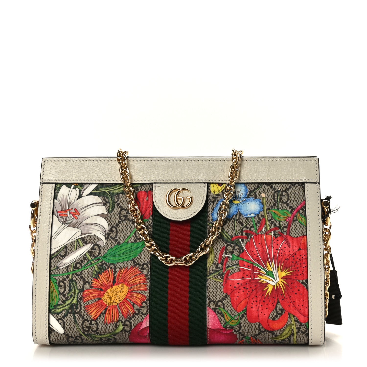 Gucci GG Supreme Monogram Flora Web Small Ophidia Chain Shoulder Bag White 1 of 10
