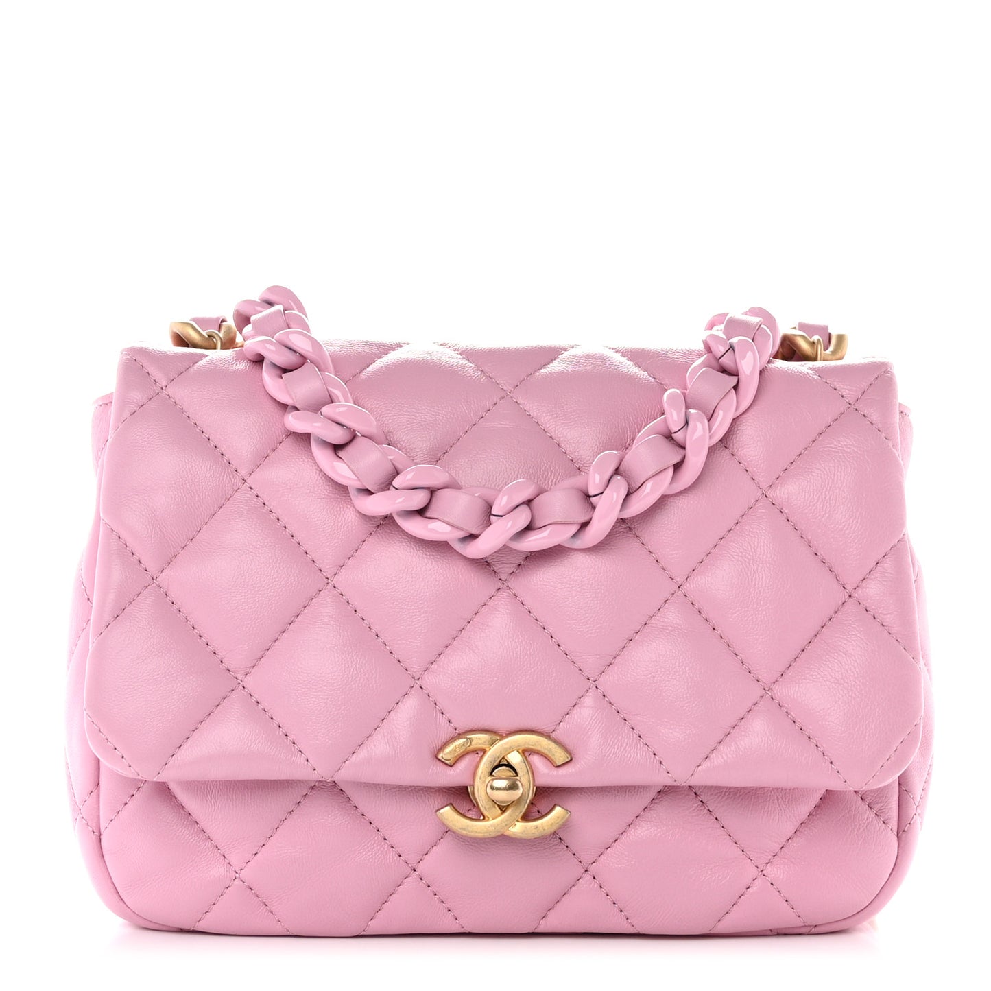 Lambskin Quilted Small Lacquered Chain Flap Pink