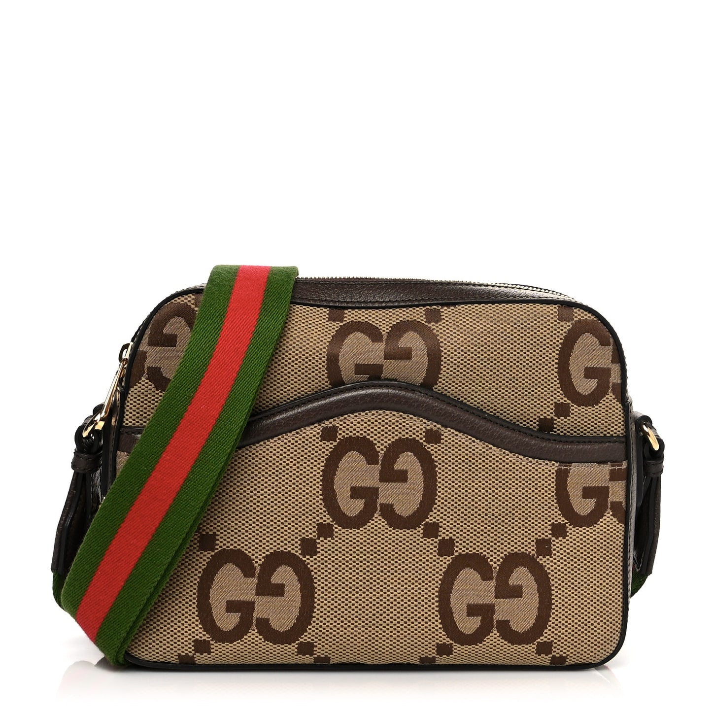 Monogram Jumbo GG Textured Dollar Calfskin Web Messenger Shoulder Bag Camel Ebony New Acero