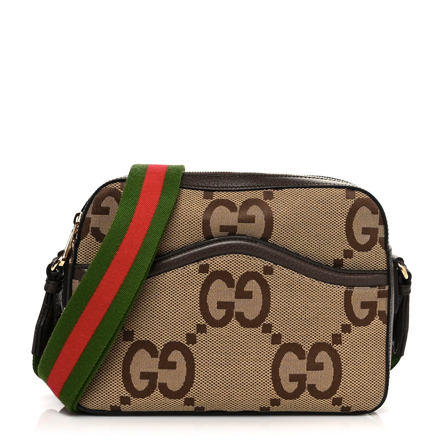 Gucci Monogram Jumbo GG Textured Dollar Calfskin Web Messenger Shoulder Bag Camel Ebony New Acero 1 of 15