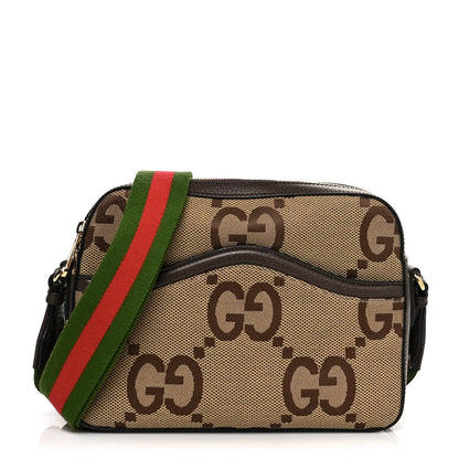 Gucci Monogram Jumbo GG Textured Dollar Calfskin Web Messenger Shoulder Bag Camel Ebony New Acero 1 of 15