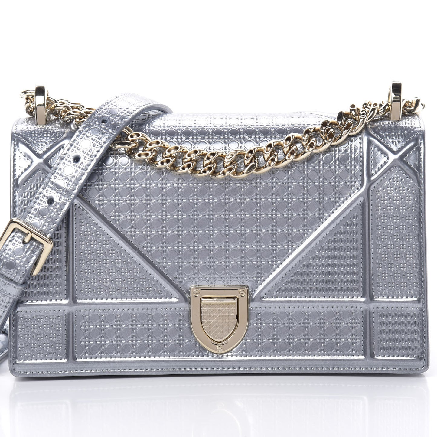 Metallic Patent Micro-Cannage Small Diorama Flap Bag Silver