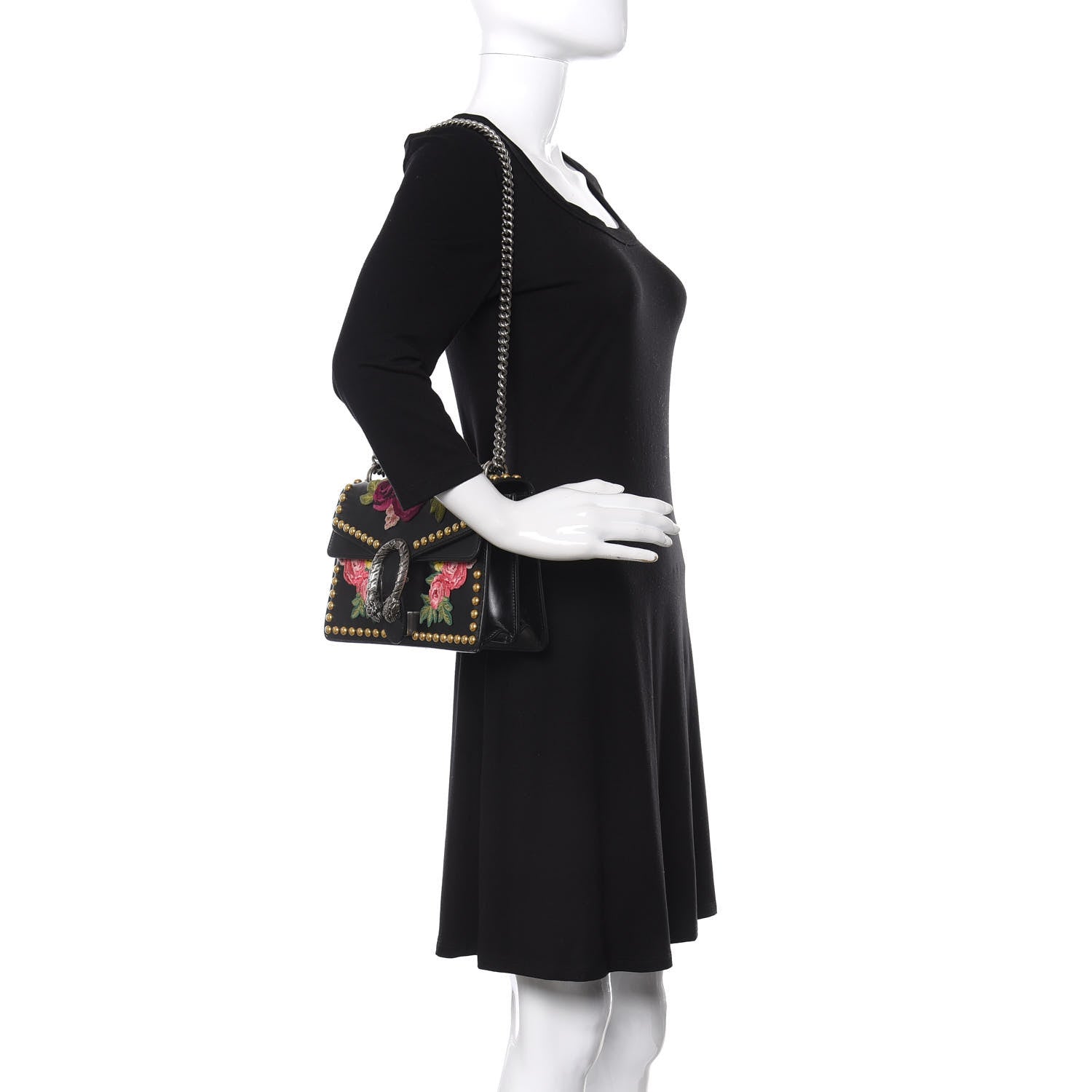 Gucci Calfskin Floral Embroidered Studded Small Dionysus Shoulder Bag Black 2 of 15