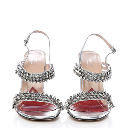 Gucci Nappa Silk Crystal Bertie High Heel Sandals 38.5 Argento 2 of 7
