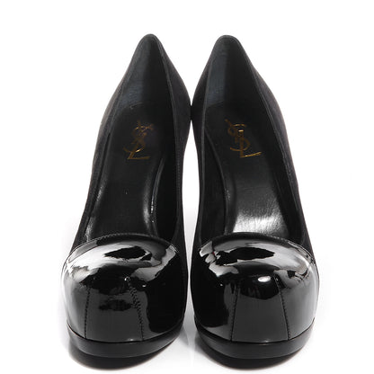 Saint Laurent Suede Patent Leather Tribtoo 80 Cap Toe Pumps 37.5 Black 2 of 7