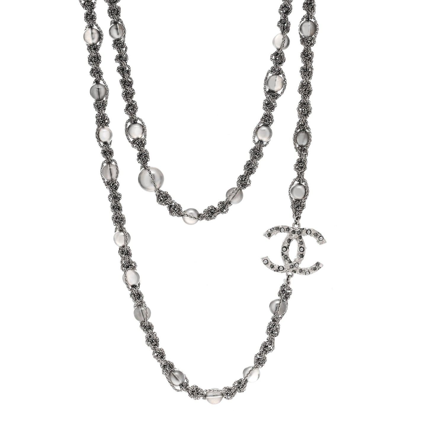 Crystal Pearl Bead CC Long Necklace Silver Grey