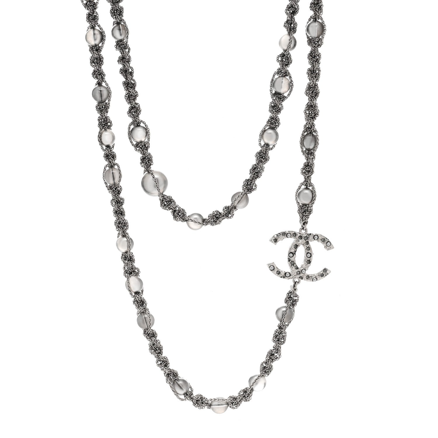 Chanel Crystal Pearl Bead CC Long Necklace Silver Grey 1 of 6