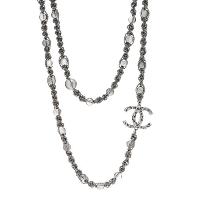 Chanel Crystal Pearl Bead CC Long Necklace Silver Grey 1 of 6
