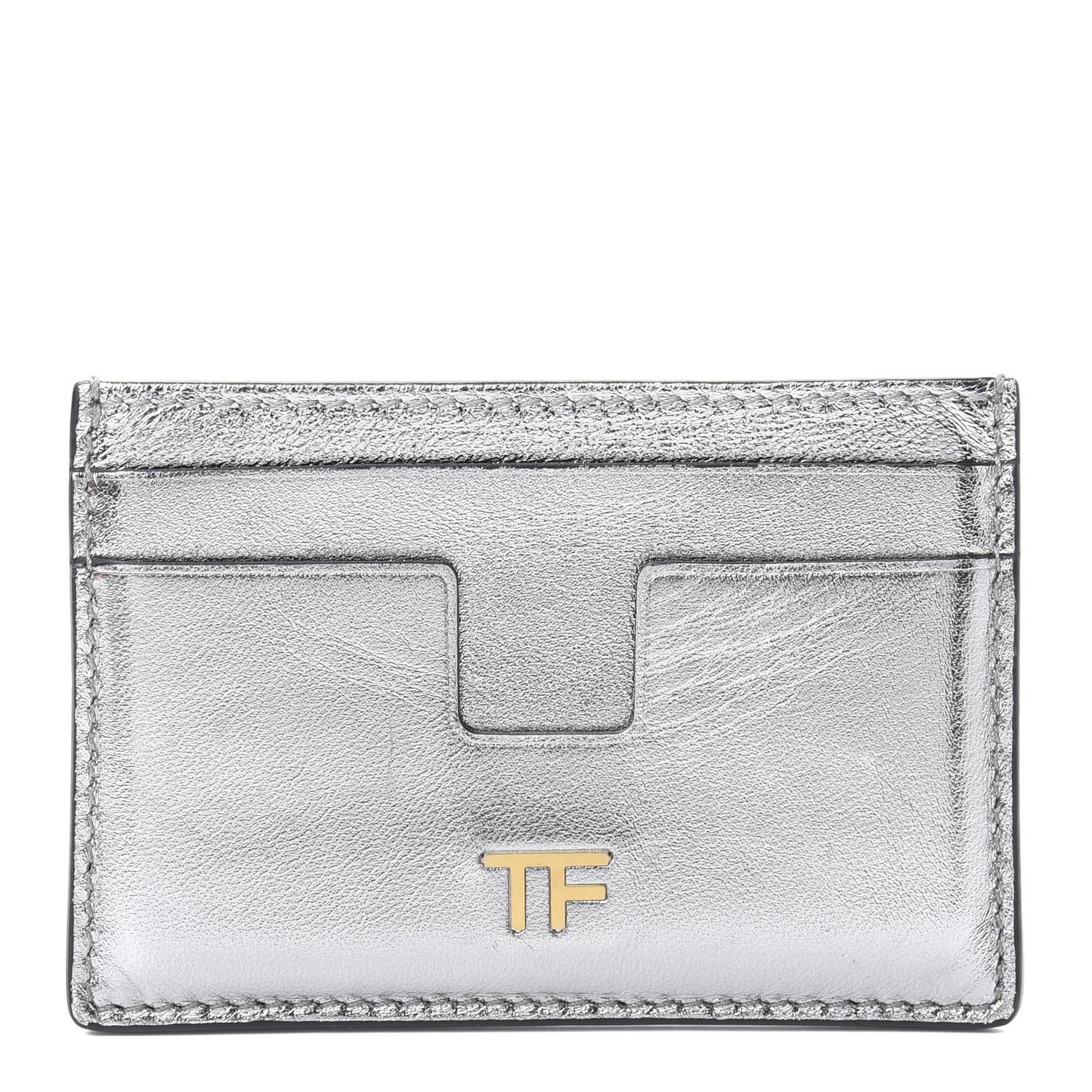 Metallic Calfskin Card Holder Silver