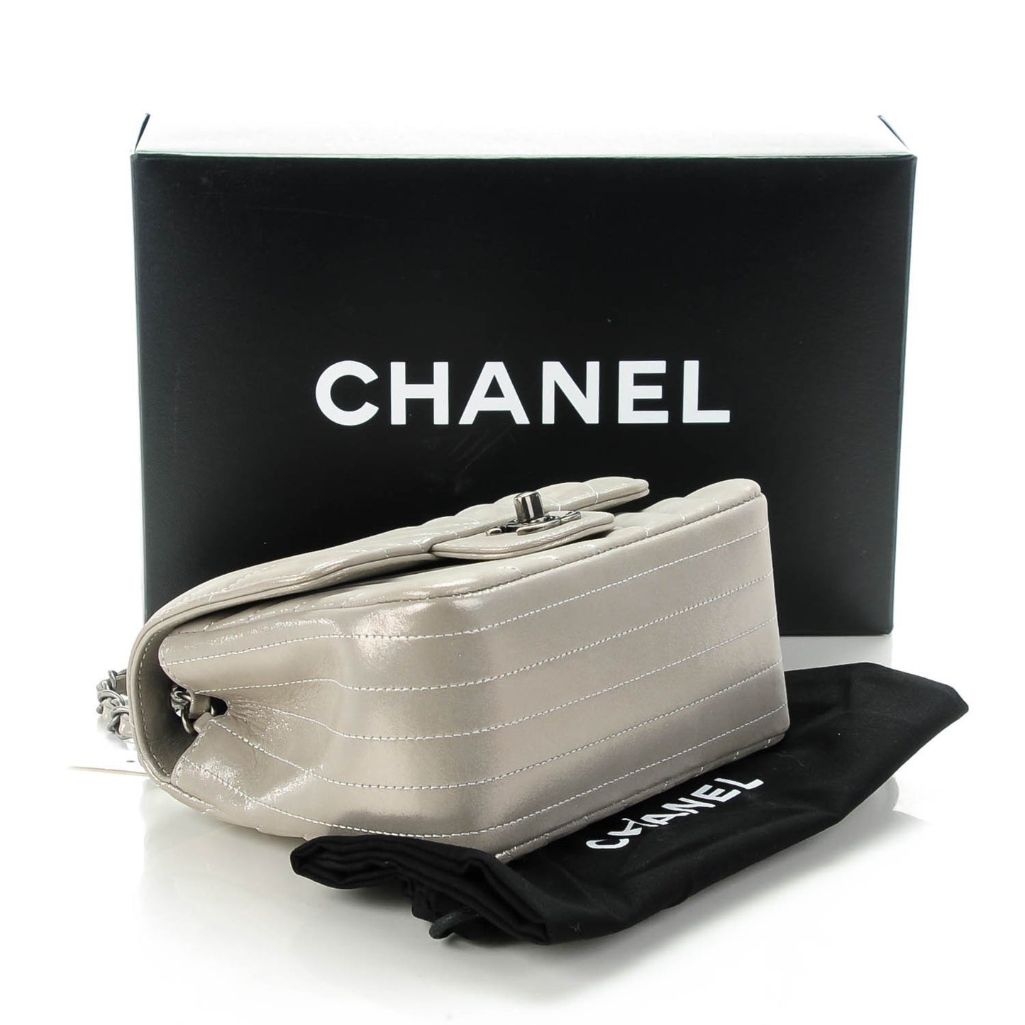 Iridescent Calfskin Chevron Quilted Mini Square Flap Silver