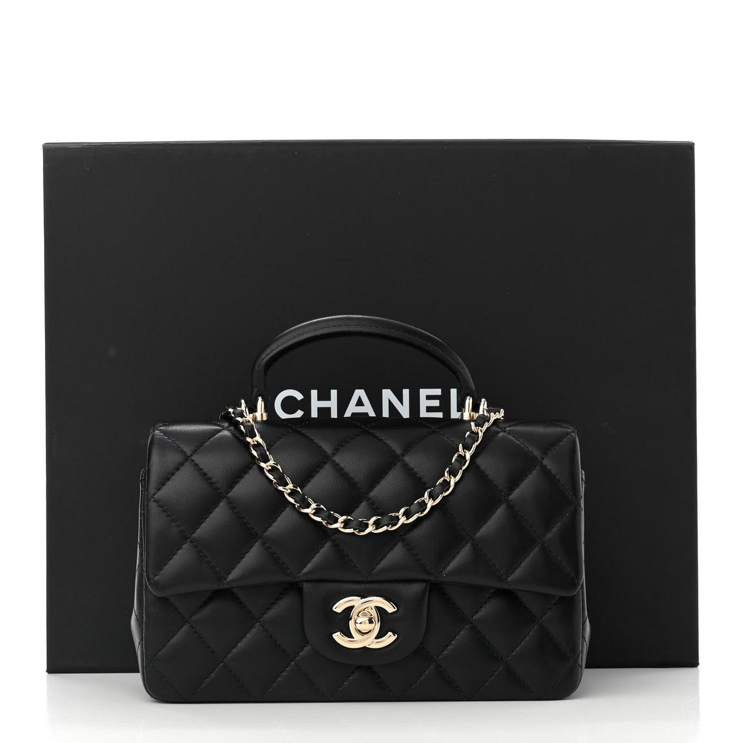 Lambskin Quilted Mini Top Handle Rectangular Flap Black