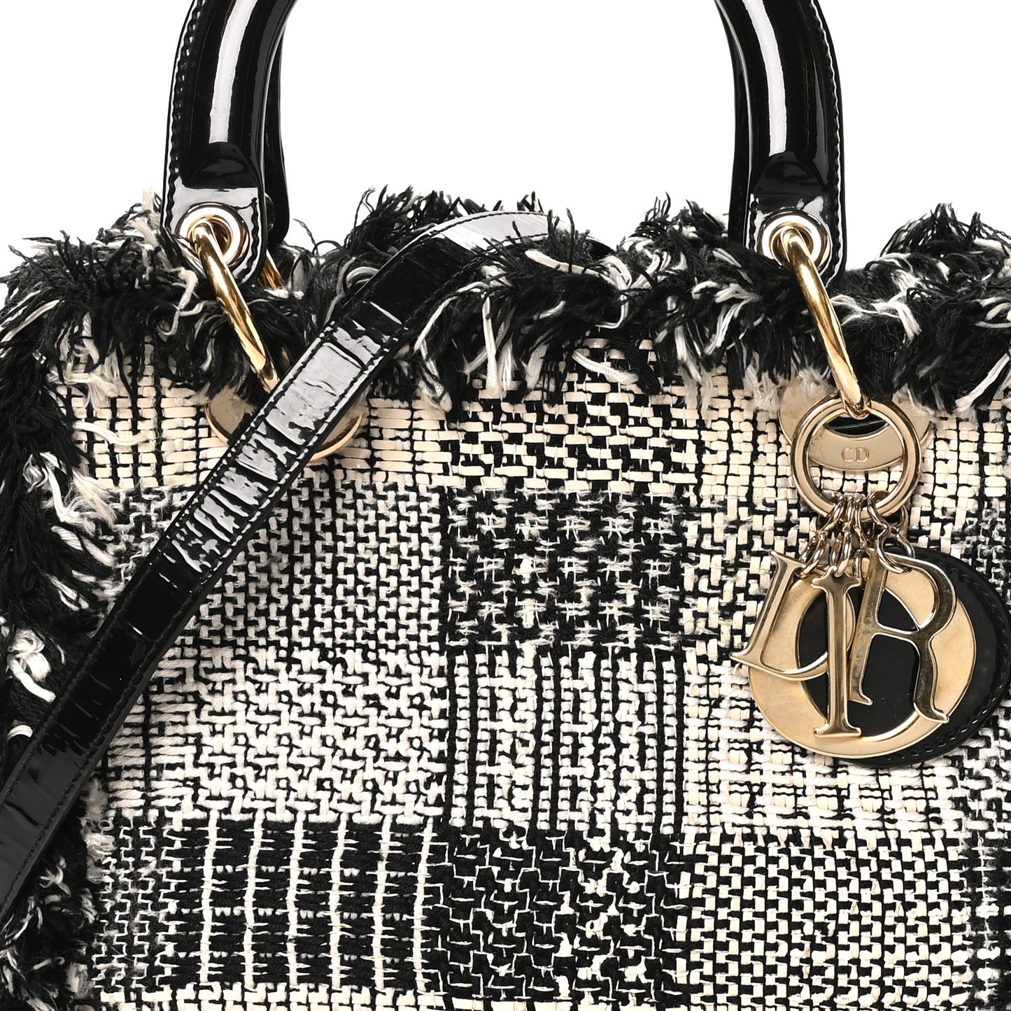 Tweed Fringe Medium Lady Dior White Black