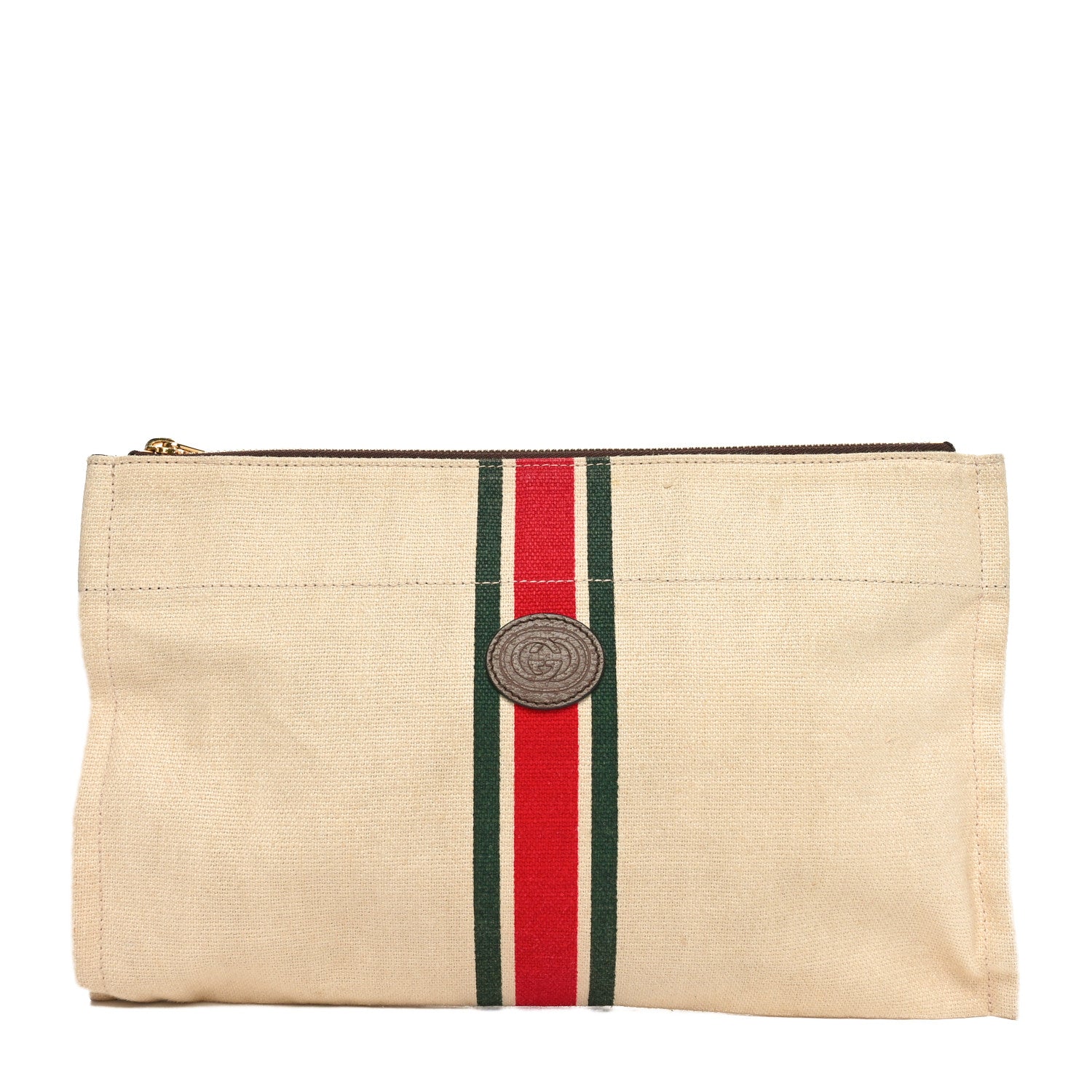 Gucci Linen Heavy Canvas Textured Dollar Calfskin Web Interlocking G Pouch Beige Brown 1 of 10