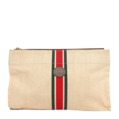 Gucci Linen Heavy Canvas Textured Dollar Calfskin Web Interlocking G Pouch Beige Brown 1 of 10