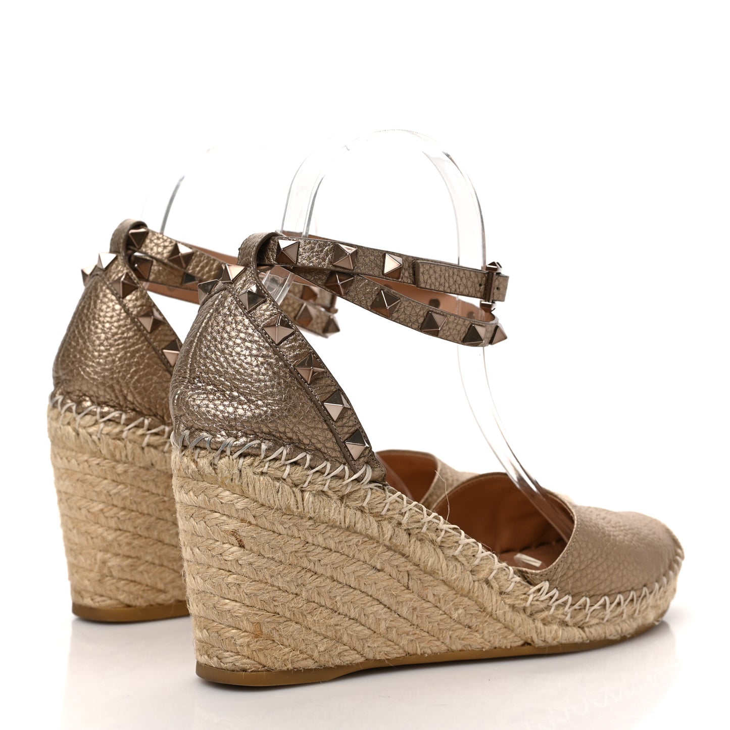 Metallic Grained Calfskin Rockstud Ankle Wrap Espadrille Wedges 38 Skin