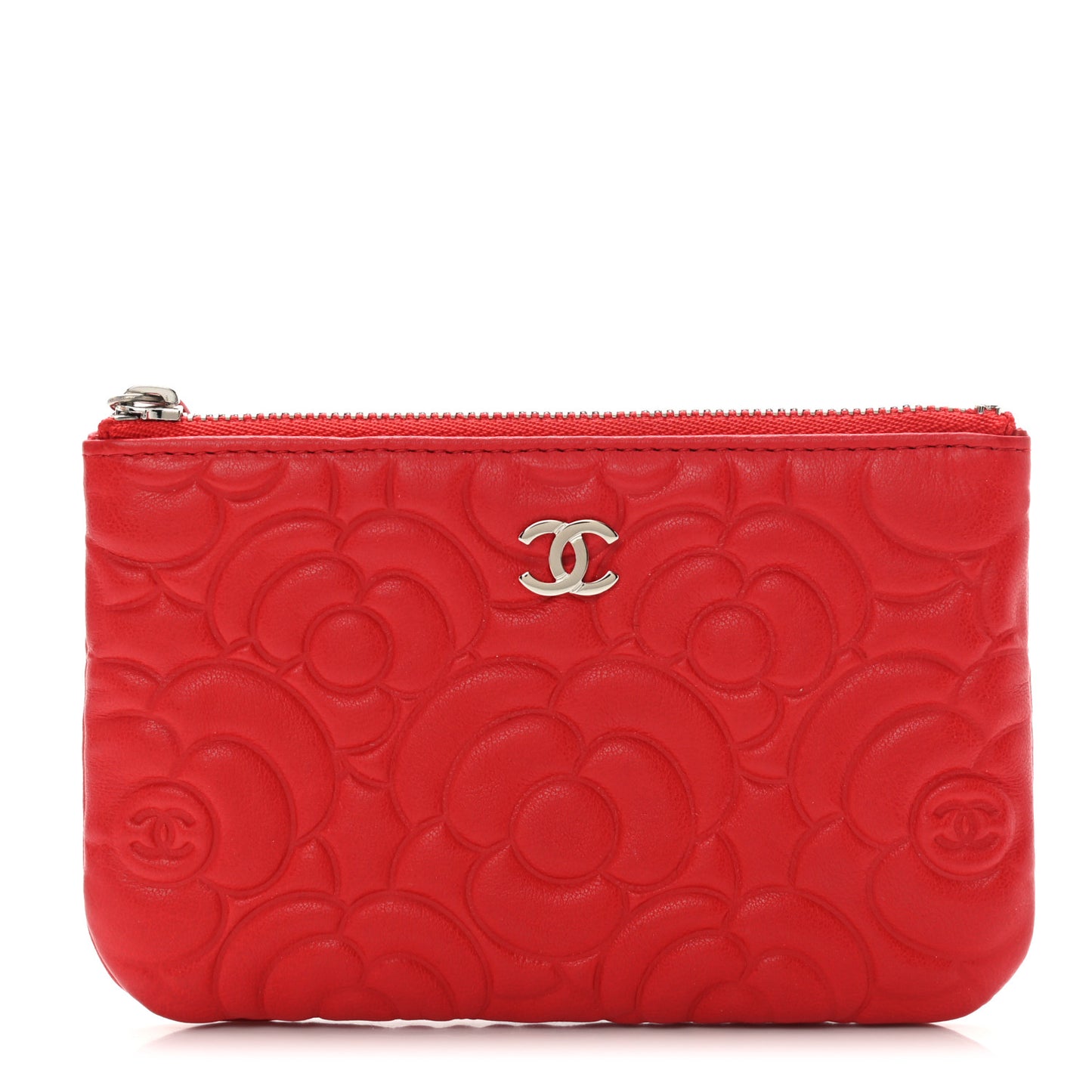 Goatskin Camellia Embossed Cosmetic Pouch Red