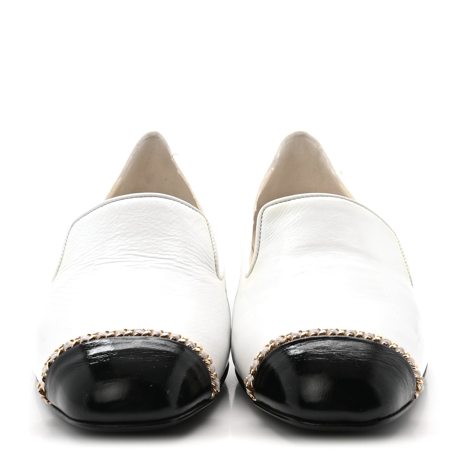 Chanel Patent Cap Toe Chain Moccasin Loafers 37 White Black 3 of 10