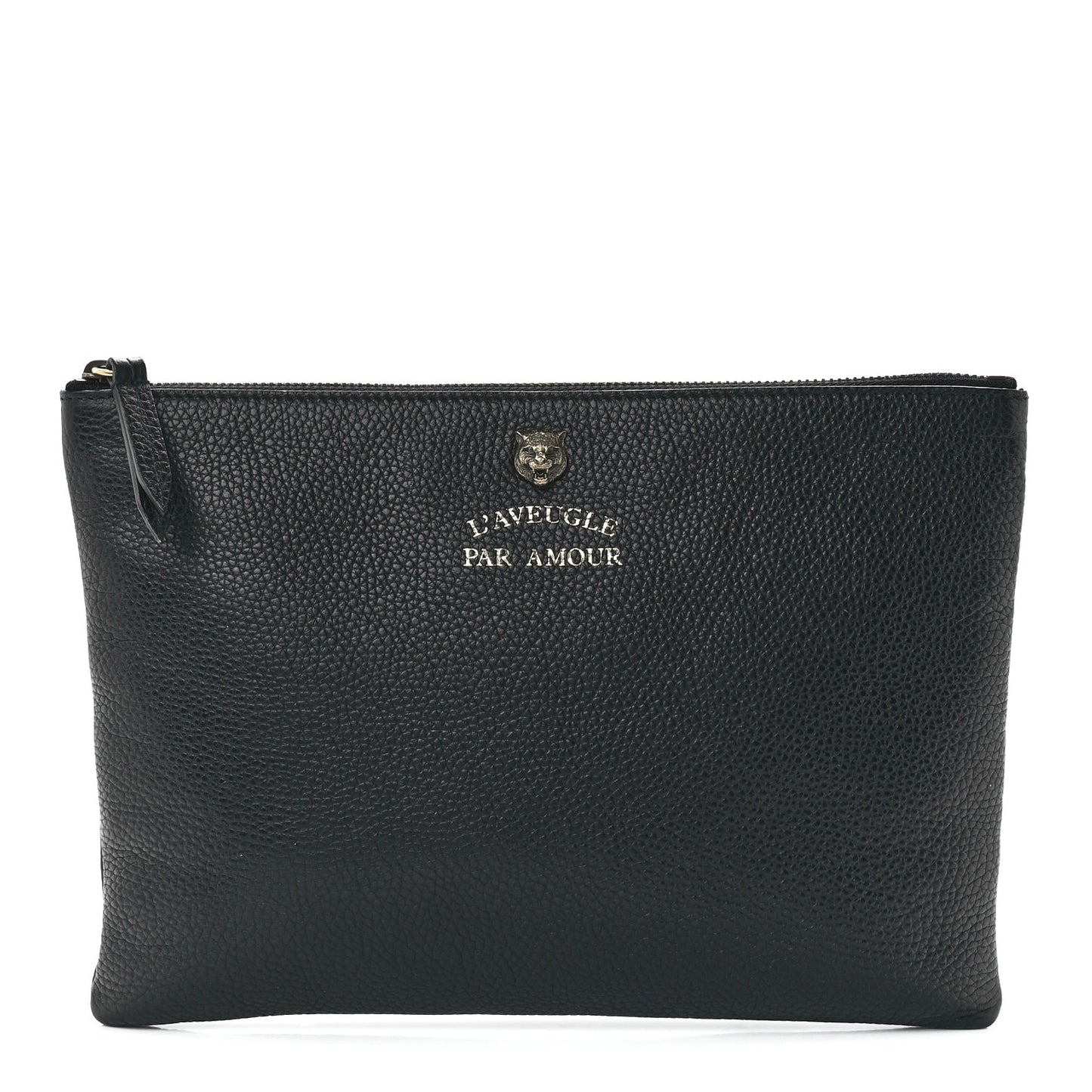 Pebbled Calfskin Animalier Tiger Zip Pouch Black