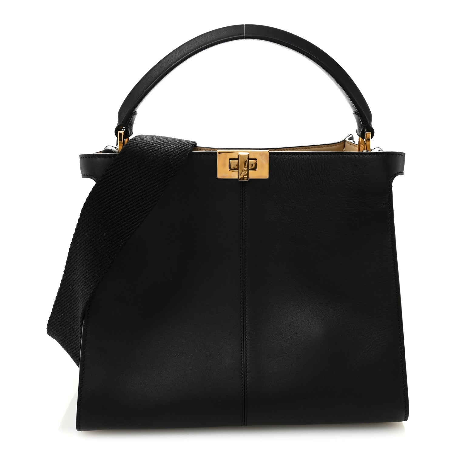 Fendi Vitello Seta Glazed Fabric FF 1974 Medium Peekaboo X-Lite Black Mogano Panna 1 of 10