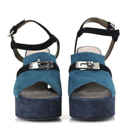Hermes Suede Goatskin Calas Sandals 37.5 Vert Oxford Bleu Celeste Black 3 of 14