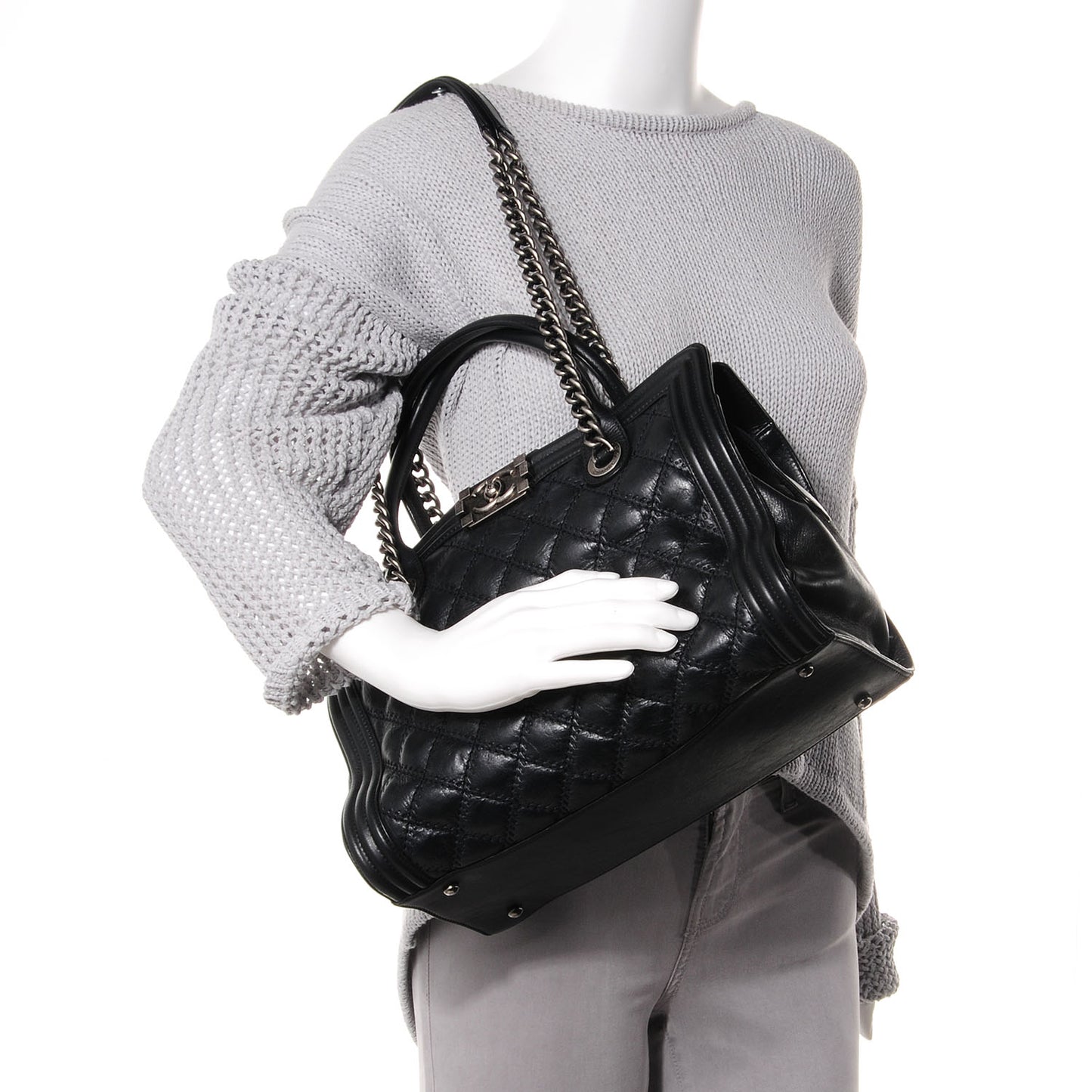 Calfskin Quilted Double Stitch Large Boy Tote Black