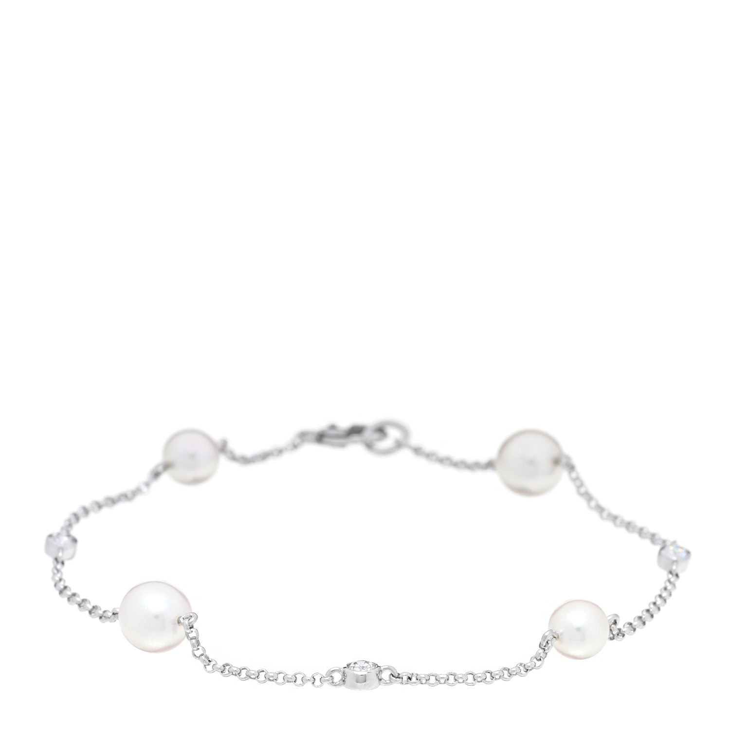 Mikimoto 18K White Gold Diamond Akoya Pearl 6.5-7mm Station Bracelet 1 of 3