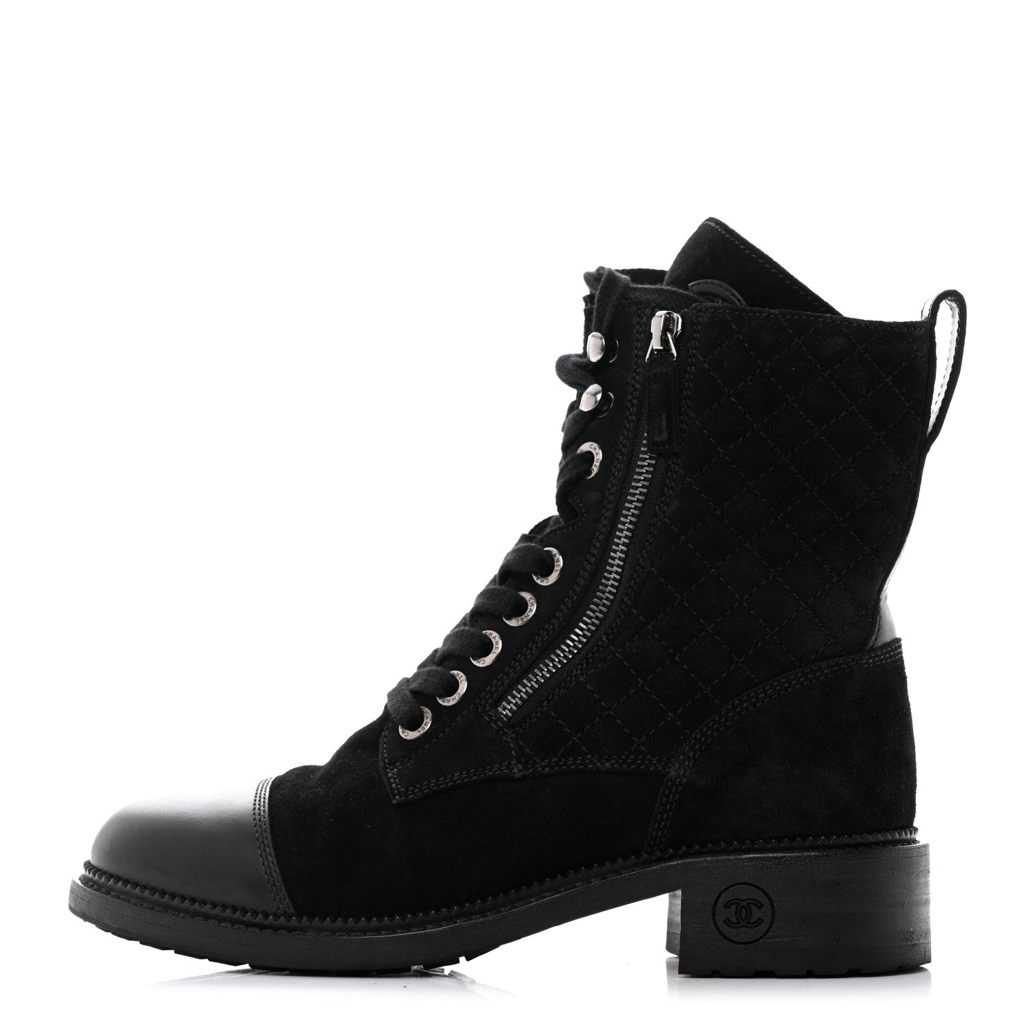 Chanel Suede Quilted CC Lace Up Combat Boots 38.5 Black 1 of 8