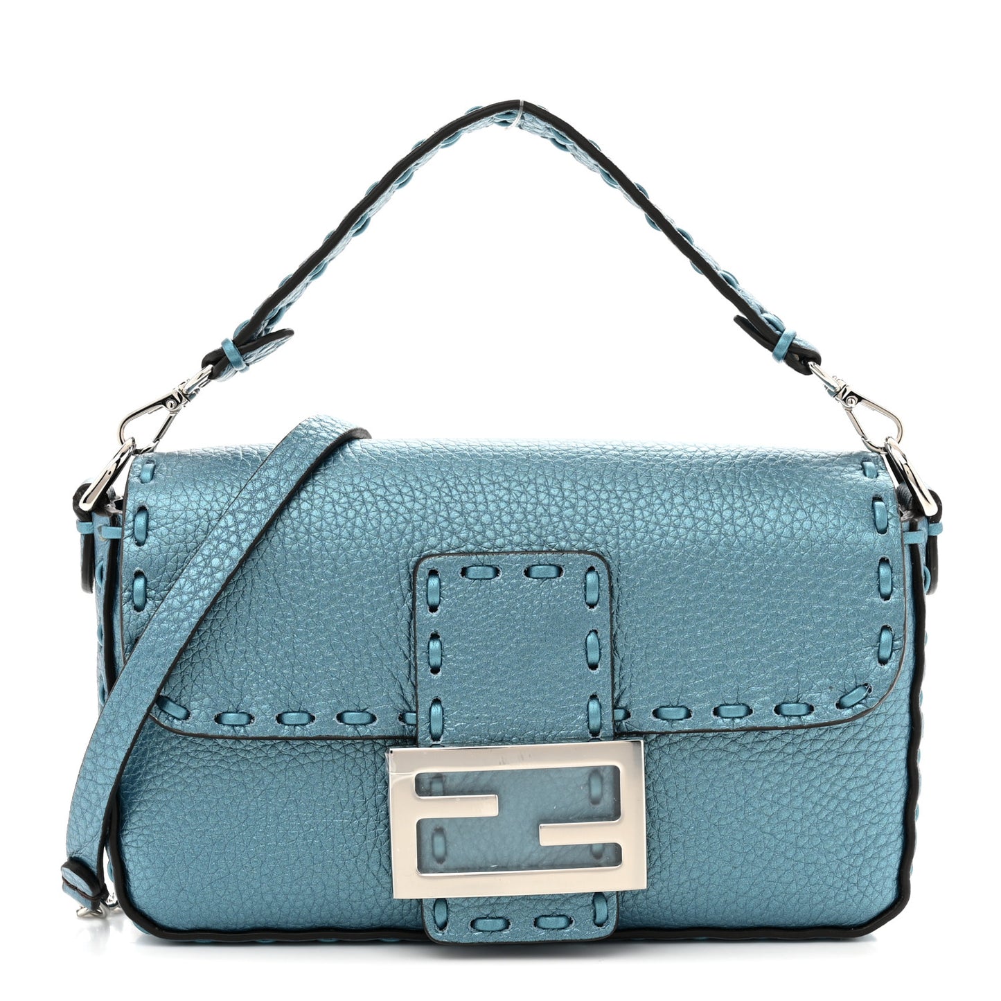 Metallic Cuoio Roma Sellerissima Nappa Sintetica Tape Stitch Mini Baguette Placca Argento