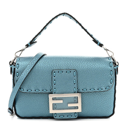 Fendi Metallic Cuoio Roma Sellerissima Nappa Sintetica Tape Stitch Mini Baguette Placca Argento 1 of 10