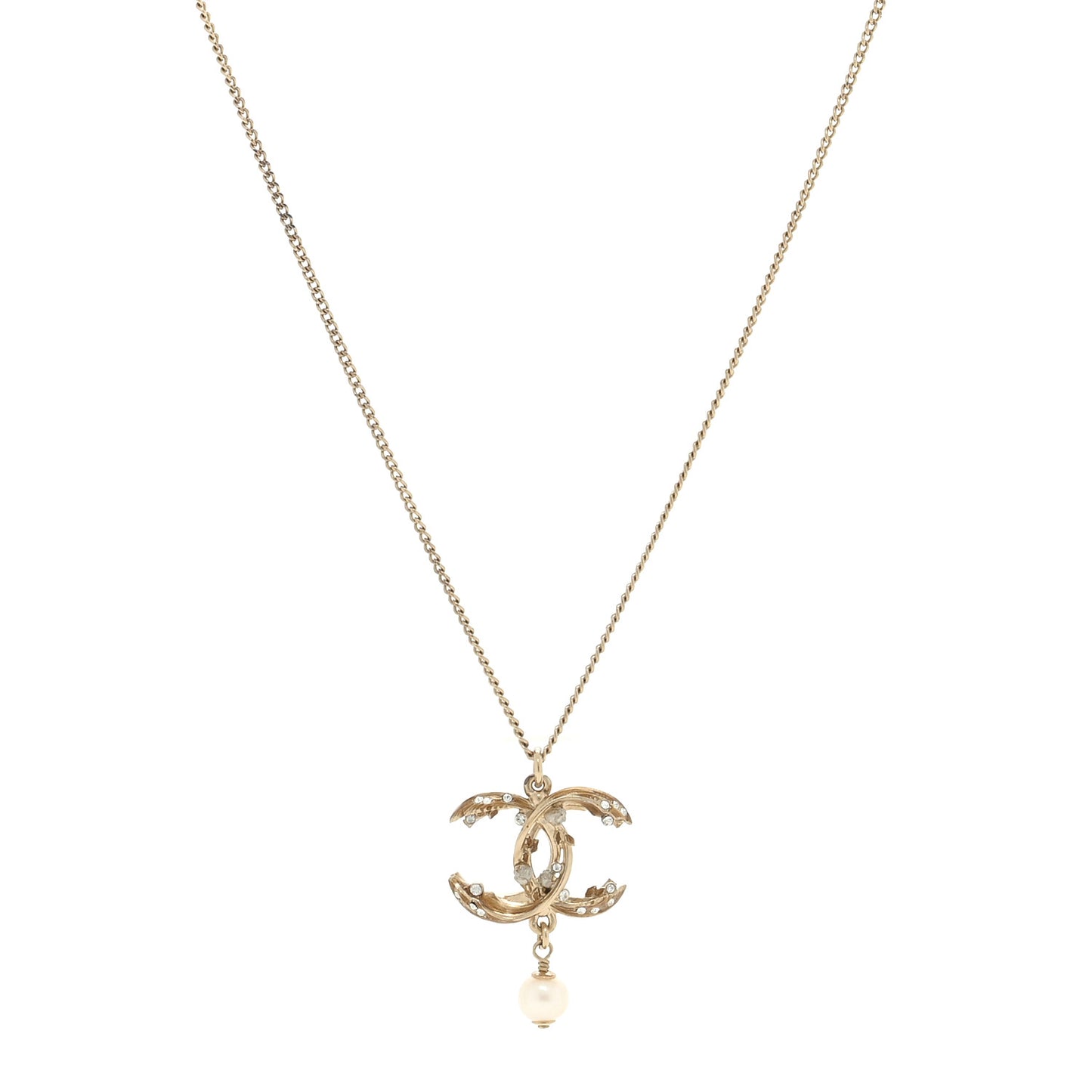 Pearl Crystal CC Drop Necklace Gold