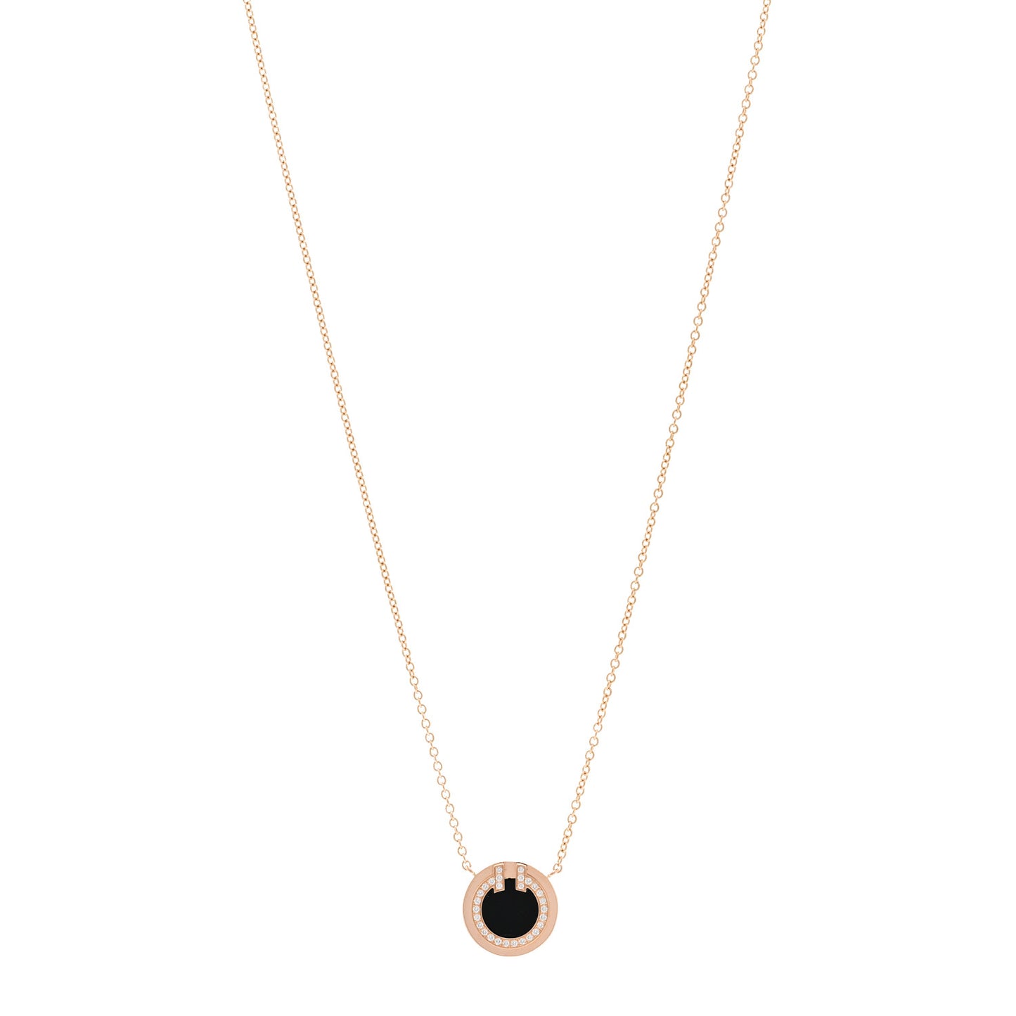 18K Rose Gold Diamond Black Onyx Small T Circle Pendant Necklace