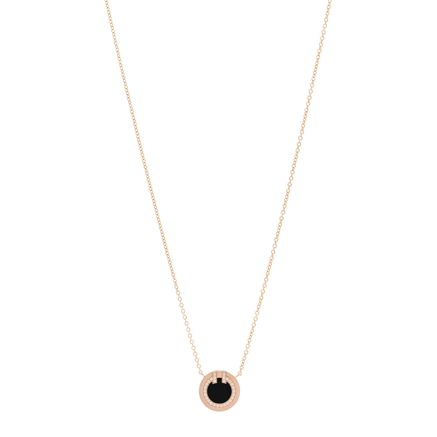 Tiffany 18K Rose Gold Diamond Black Onyx Small T Circle Pendant Necklace 1 of 4