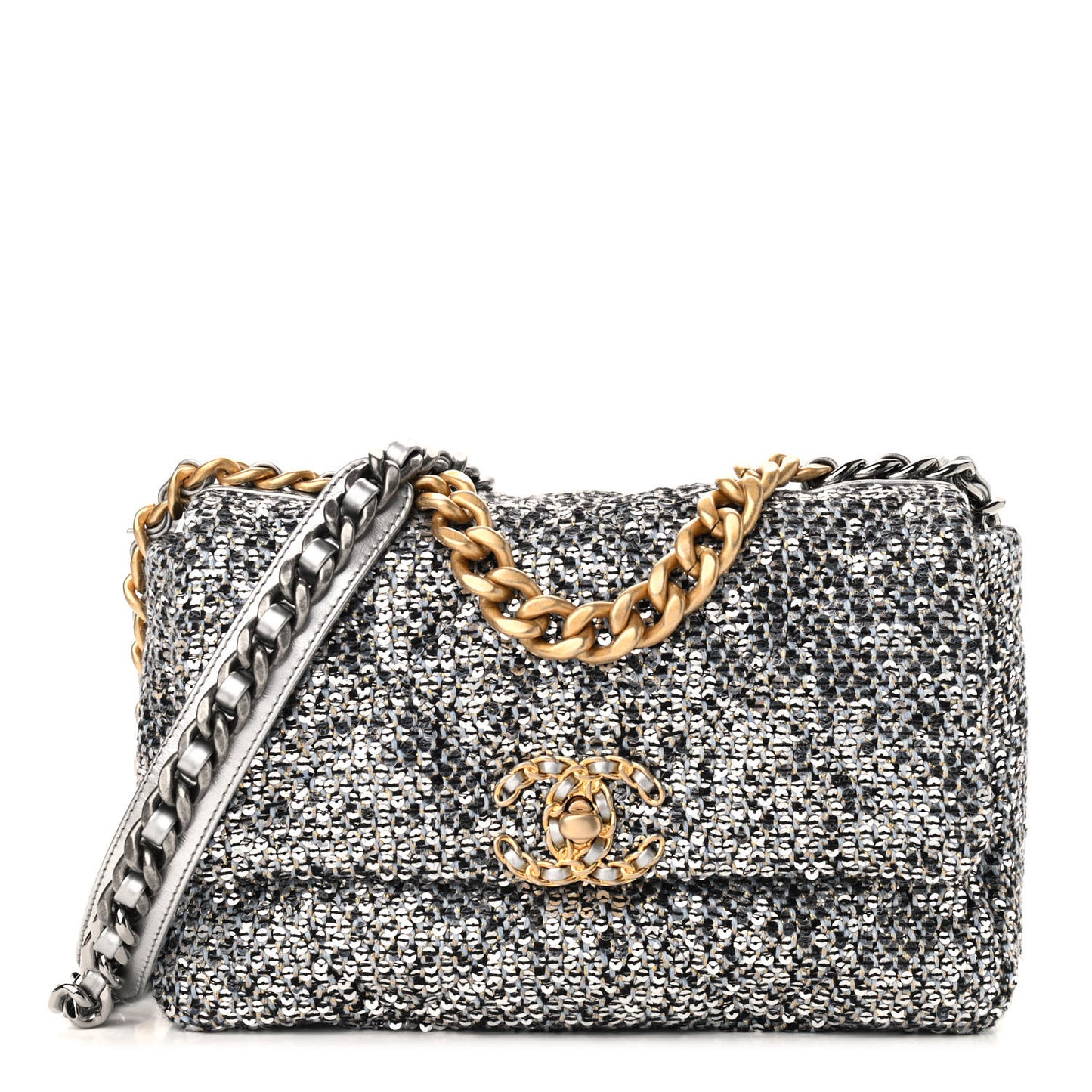 Sequin Quilted Medium Chanel 19 Flap Silver