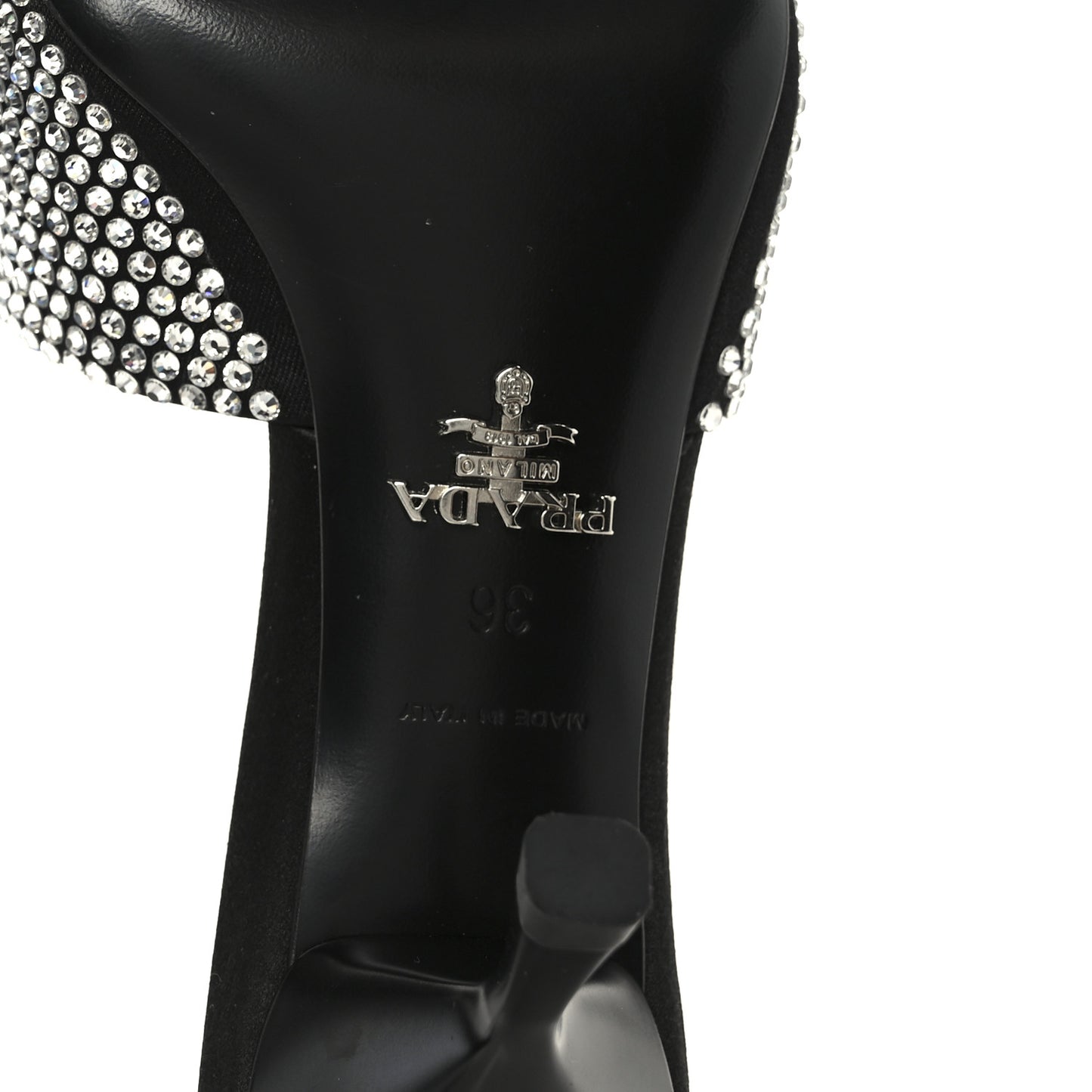 Satin Crystal Logo 65mm Slide Sandals 36 Cristal