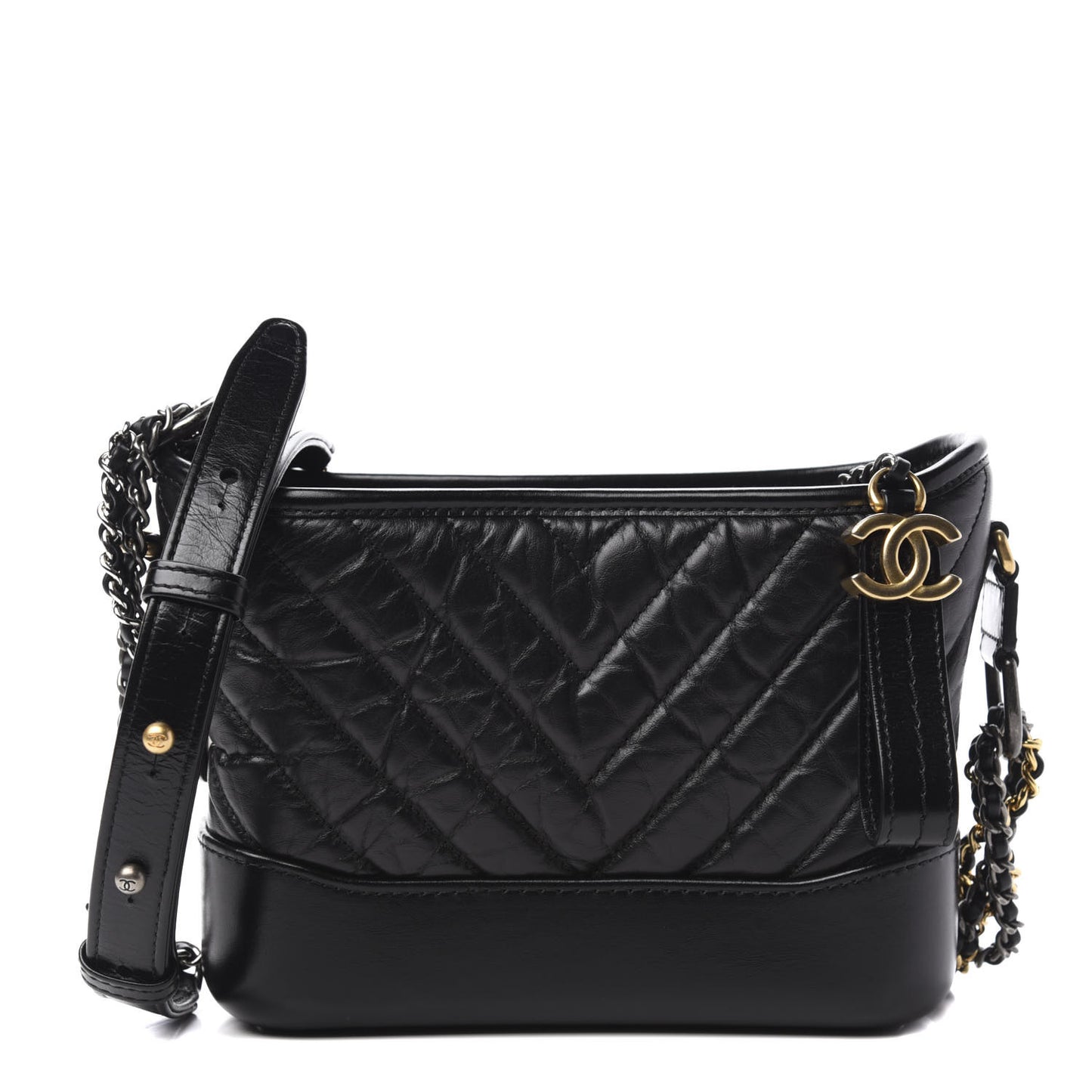 Aged Calfskin Chevron Quilted Small Gabrielle Hobo Black