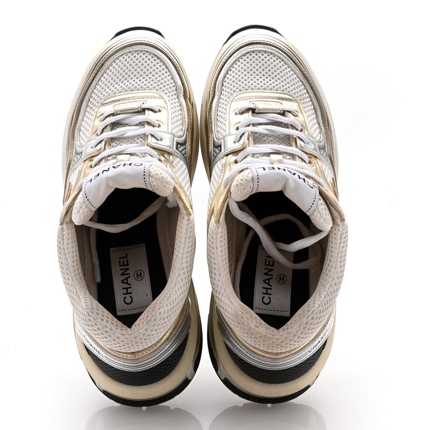 Fabric Laminated Calfskin Stretch CC Womens Sneakers 38.5 White Gold