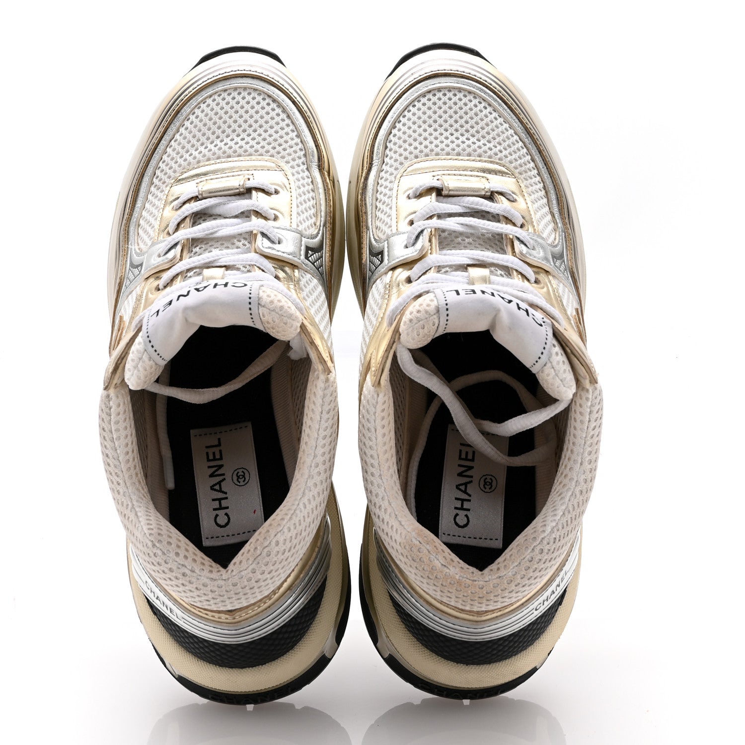 Chanel Fabric Laminated Calfskin Stretch CC Womens Sneakers 38.5 White Gold 2 of 13
