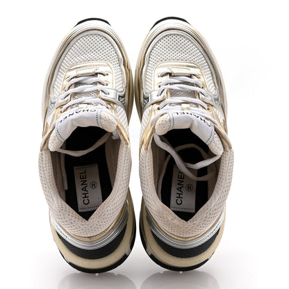 Chanel Fabric Laminated Calfskin Stretch CC Womens Sneakers 38.5 White Gold 2 of 13