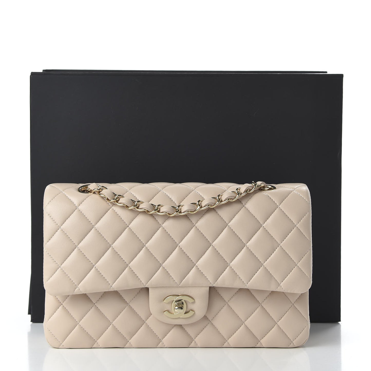 Lambskin Quilted Medium Double Flap Beige