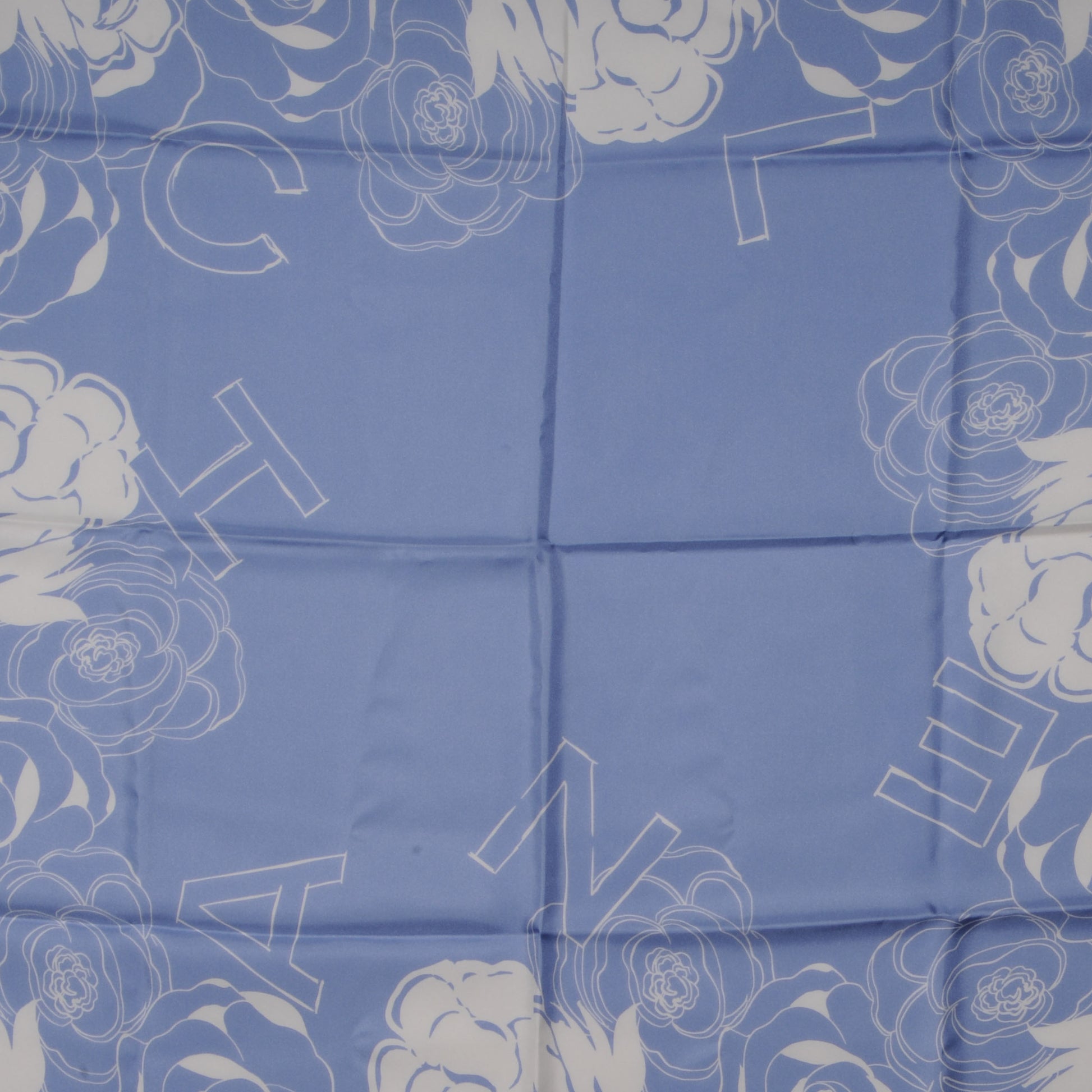 Chanel Silk CC Logo Camellia Scarf Blue White 1 of 5