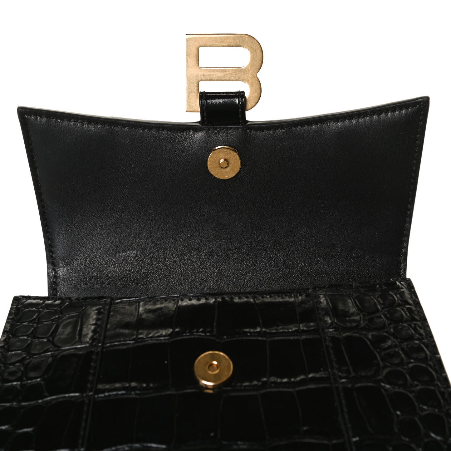 Shiny Calfskin Crocodile Embossed Hourglass Top Handle Bag XS Black