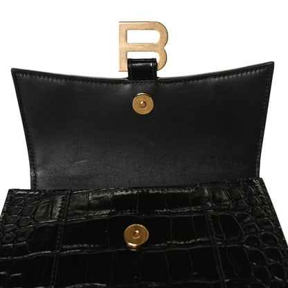 Balenciaga Shiny Calfskin Crocodile Embossed Hourglass Top Handle Bag XS Black 12 of 13