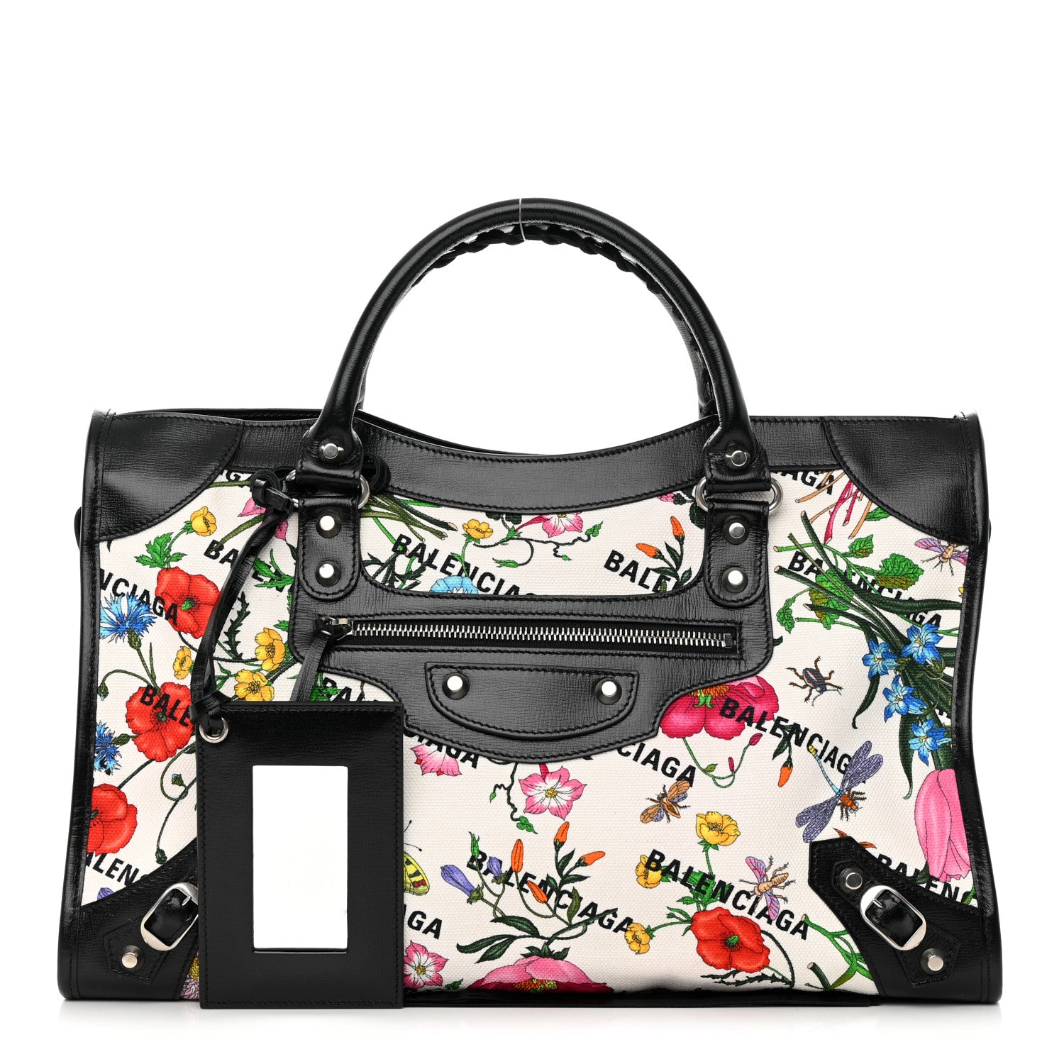 Balenciaga X GUCCI Canvas Azalea Calfskin Flora Logo Print Neo Classic Silver Hardware Medium City White Multicolor Black 1 of 12
