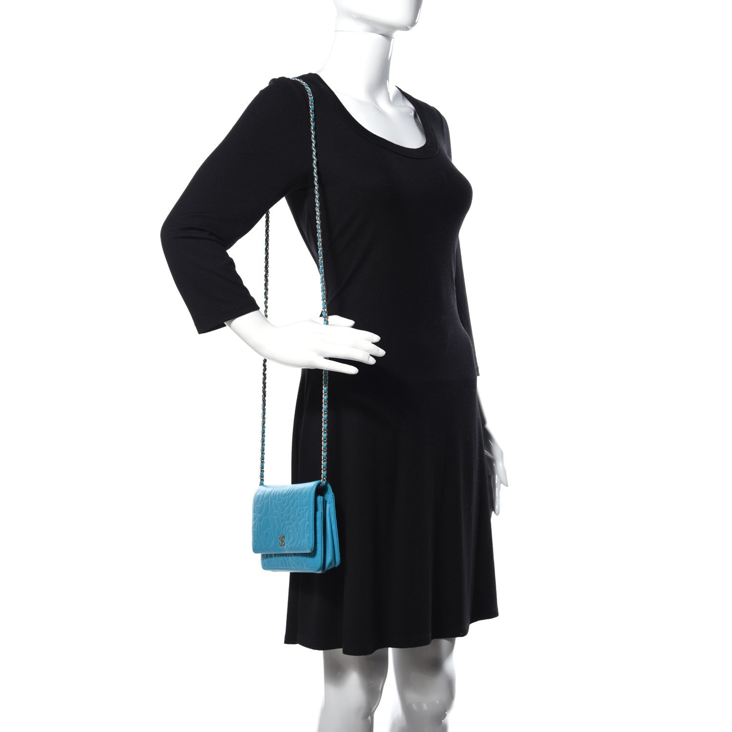 Chanel Lambskin Camellia Embossed Wallet On Chain WOC Turquoise 2 of 12