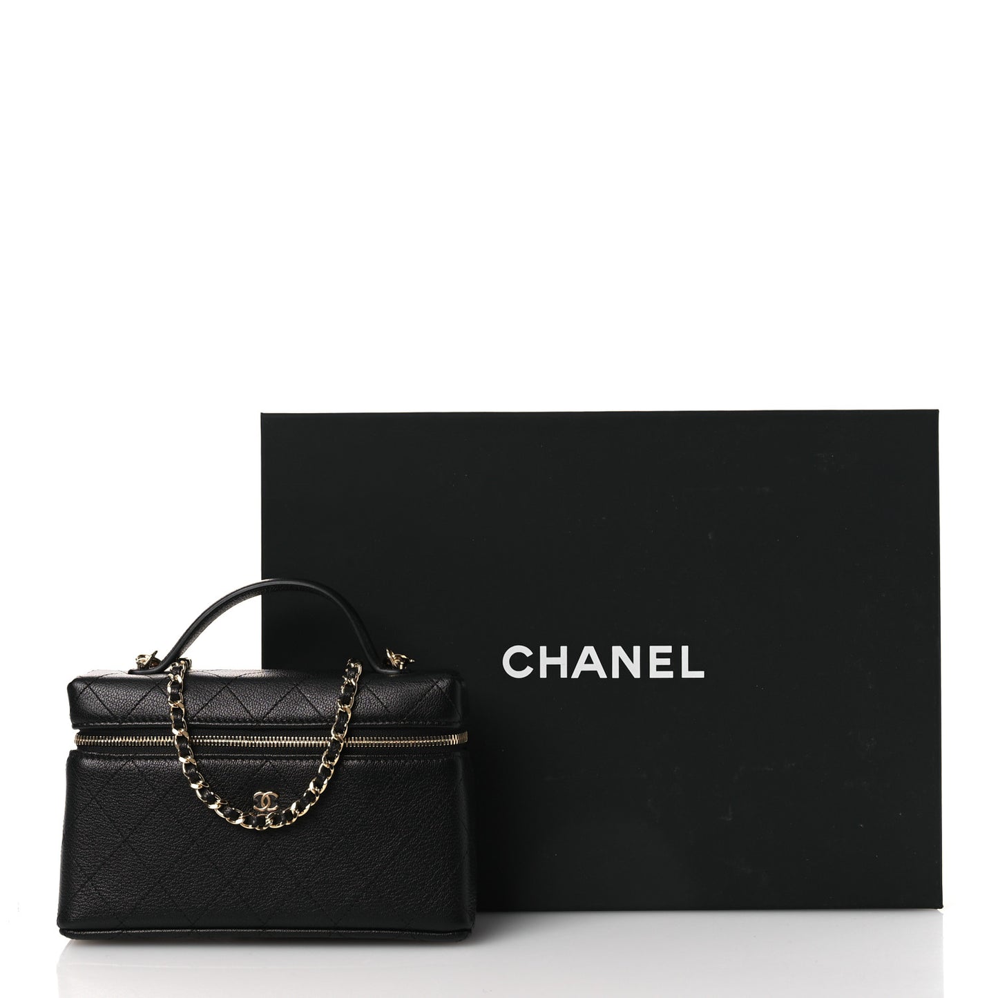 Goatskin Stitched Top Handle Slim Vanity With Chain Black